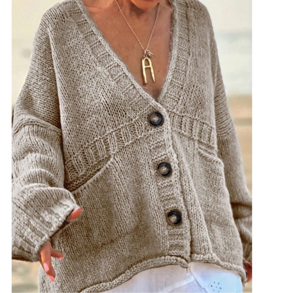 Plus Khaki Solid Knit Button Down Pockets Loose Fit Cardigan 1X 2X 3X 4X 5X